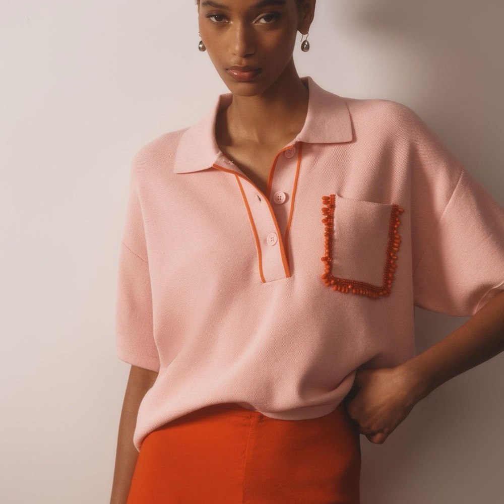 Anthropologie Pink Short-Sleeve Polo with Orange Trim